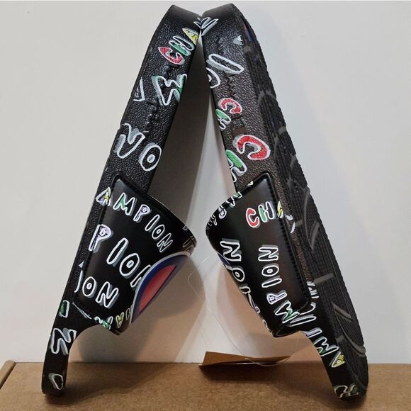 Champion, Mens Slides in Black with Colorful "Champion" Graphics. Size 12 - Picture 3 of 7